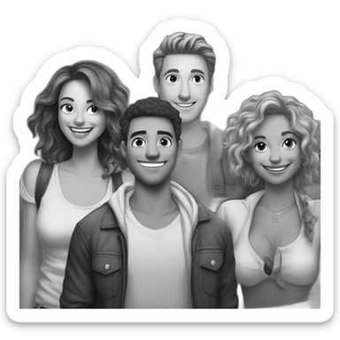  group of friends with a lot of money, make the image look comic style and be in black and white sticker