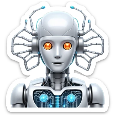 An icon featuring a humanoid robot, a neural network diagram, and a glowing brain, symbolizing artificial intelligence. The design includes binary code, a microchip, and data flow lines, representing machine learning, automation, and innovation. Transparent background sticker