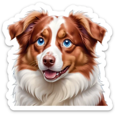Cinematic Comical Predominantly White Red Merle Australian Shepherd Portrait Emoji, Head tilted dramatically with an exaggeratedly shocked or offended expression, predominantly white fur with distinctive red merle patches, wide, expressive blue eyes filled with exaggerated disbelief, Simplified yet hilariously expressive features, highly detailed, glowing with a slightly sassy glow, high shine, dramatic yet playful, stylized with an air of attitude, bright and endearing, soft glowing outline, capturing the essence of a sassy and over-the-top pup, so meme-worthy it feels like it could side-eye its way into internet fame instantly! sticker