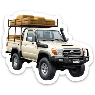 Toyota LandCruiser 70 Series (2021) – Cinematic-realistic Toyota LandCruiser 70 Series ute, its rugged white frame bouncing over rough farm tracks. Dust billows behind as the vehicle powers across dry paddocks, a trusty farm dog perched in the tray, scanning the horizon. sticker