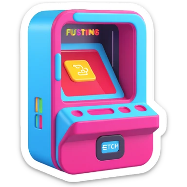 futuristic 3D sticker machine box loosely inspired by Etch A Sketch, digital elements, vibrant stickers emerging from a slot, playful and innovative look sticker