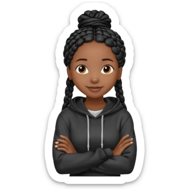 African American dark skin girl with long black box braids wearing a plain black hoodie  with arms folded across chest sticker