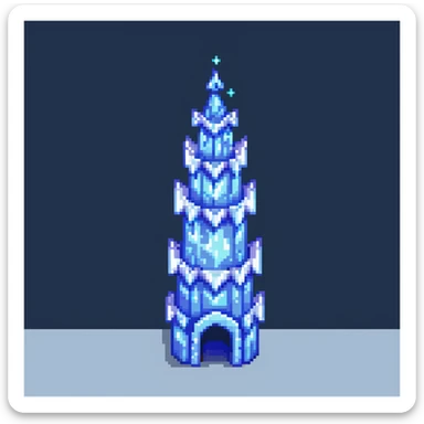 Magical ice tower home for a penguin wizard with glowing windows and magical aura sticker