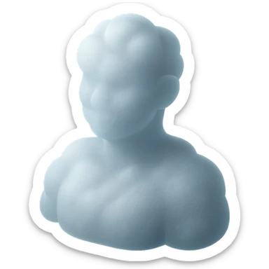 person made entirely of white fluffy convex clouds, shoulder up, front view, matte glass style sticker