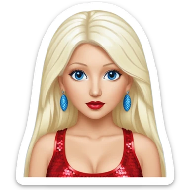 Christina Aguilera with long platinum blonde hair, blue eyes, sequin red crop top sticker