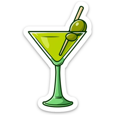 martini glass with completely colorless transparent liquid like pure water, with a green olive at the bottom skewered by a toothpick sticker