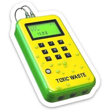 3D render of Geiger Counte, toxic waste aesthetic, neon green bubbling liquid, caution yellow metal, industrial warning texture. sticker