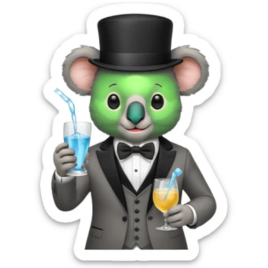 koala wearing suit, bowtie and top hat, holding glass of water sticker