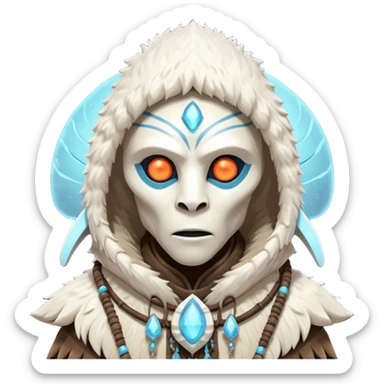ancient arctic alien shaman portrait, head and shoulders only, Inuit-inspired fur hood, carved bone ornaments, glowing cosmic eyes, icy alien skin, spiritual sci-fi vibe, 3D cartoon, mobile game icon style, clean background, no text, no watermark


 sticker