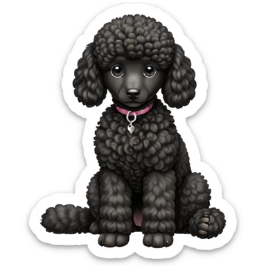 cinematic-[poodle]-realistic-full-body-sitting-emoji,-tail-resting-loosely-beside-its-paws,-head-tilted-dramatically, -curly-[black]-fur,-simplified-yet-realistic-focused-features,-highly-detailed,-glowing-with-an-almost-sarcastic-glow sticker