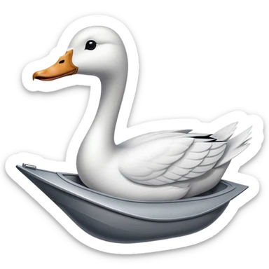 A naval vessel with a flight deck and a long-necked white goose head extending from the bow sticker