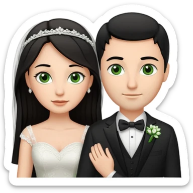 Bride has Black hair brown eyes with brown hair. Groom has green eyes and brown hair tall groom with white wedding bands sticker