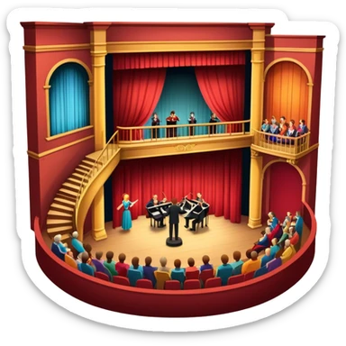 An icon depicting a theater stage with actors performing a play, illuminated by dramatic lighting. The audience watches from colorful balconies, while an orchestra plays in the pit, creating an immersive atmosphere. transparent background. sticker
