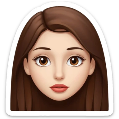Una chica con piel muy clarita con pleo liso largo de color castaño y unos ojos marrones oscuro y labios grandes y nariz bonita y con unas pestañas sticker