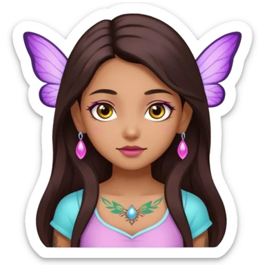 Earthreal sparkly angelic mystical magical shiny pretty Fairy. Dark Brown eyes, Caramel skin, Long dark brown hair. White, hot pink and light blue and lavender, light green, light yellow . Tattoos sticker