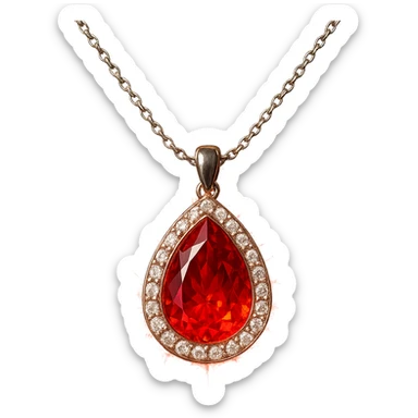 A teardrop-shaped ruby pendant cradled in a delicate silver chain, haloed by shimmering white stones, glowing with fiery red light sticker