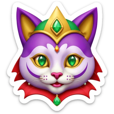 crazy colorful cute little cat jolly joker from poker, medieval, vintage, court jester, mac os icon, purple, gold and red color, half body, emerald green ice eyes, golden earrings. Squared shape as 3D mac os icon, symmetrical sticker