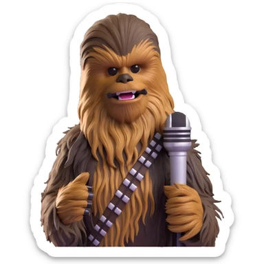 Chewbacca holding a microphone, close-up, detailed fur sticker