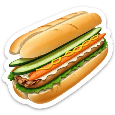 traditional banh mi with char grilled pork emoji 


    Very crusty baguette

    Mayo 

    Pickled carrot 

    Cucumber, coriander/cilantro, green onion, chilli 
 sticker