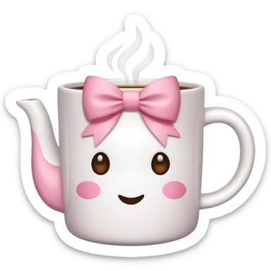 A white mug with a pink bow that contains tea sticker