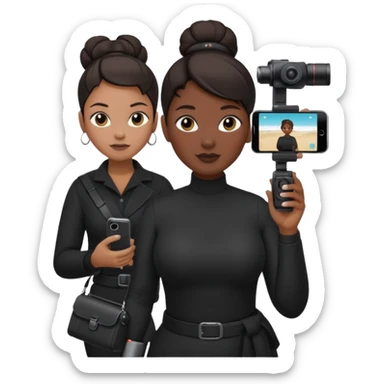 middle aged, plump woman photographer with dark hair, slicked back in a bun, wearing black clothes, carrying a canon r5, and an iPhone on a gimbal sticker