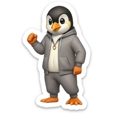 friendly anthropomorphised penguin wearing a mafia-style tracksuit, secretive scheming pose, angry expression, stomping while walking, holding a knuckle duster sticker