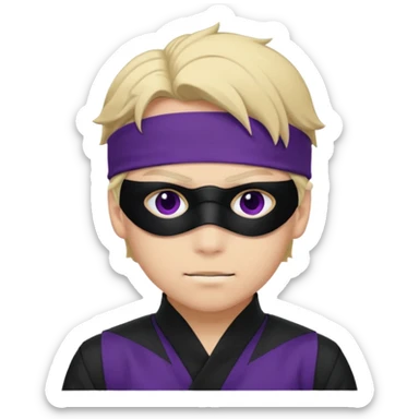 A young man named Satoru Gojo wearing a black/dark purple uniform and dark purple/ black blindfold with a confident smirk sticker
