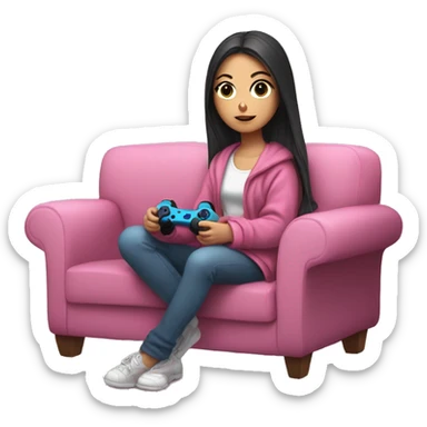 White girl with dark hair wrapped up in a blanket sitting on a couch with a pink gaming controller in her hands sticker