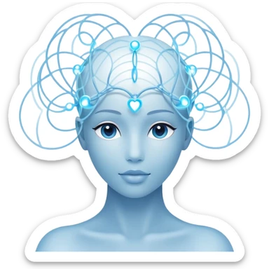 elegant human silhouette with delicate interconnected lines and floating orbs, luminous cores at head and heart, soft white-blue light sticker