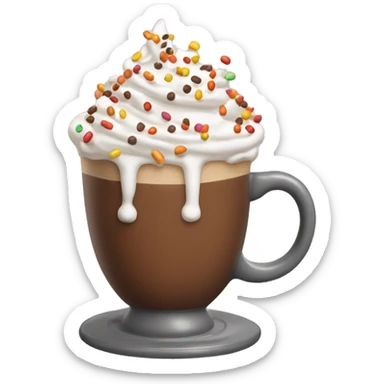 A steaming mug of hot cocoa topped with whipped cream and fall sprinkles. sticker