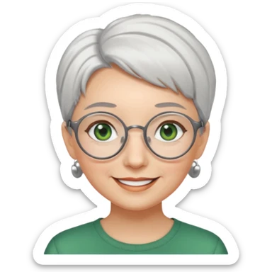 visage femme a lunettes ronde avec cheveux courts gris-blancs aux yeux verts qui souris sticker