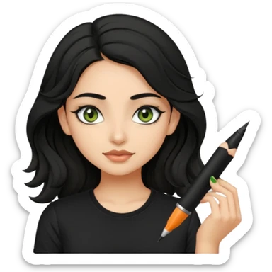 a pretty FAIR indian bratz girl with wavy black hair, wearing a black tshirt. eyeliner on, olive green eyes.  sticker