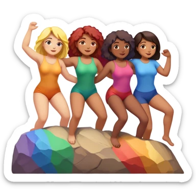 three women of different body types forming human chain, climbing rainbow-colored rock holds sticker