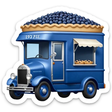 shiny crushed-dark-blue crystal-bodied frozen blueberry pie 1912 antique long-wheelbase cab over durable-looking low rider moving truck food truck  sticker