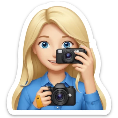  blue eyes blonde girl photographer cartoon taking picture in middle of taking picture camera in front of face long hair smiling funny flash professiona sticker