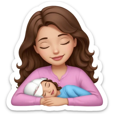 girl with wavy long brown hair, brown eyes, light to medium complexion, long lashes, light pink lipstick, smiling, wearing light pink shirt, sleeping sticker