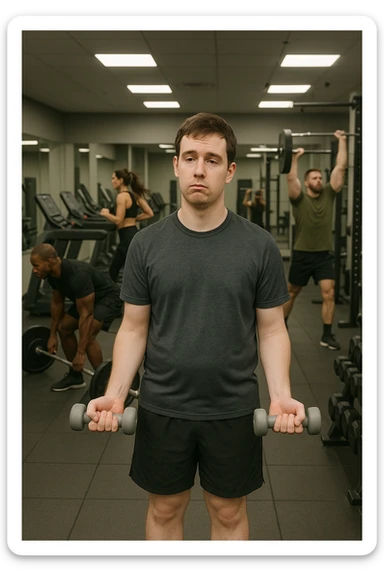 Uomo in palestra moderna, vestito con abbigliamento sportivo, mentre solleva manubri molto leggeri con espressione annoiata o poco coinvolta. Intorno a lui, altri atleti si allenano intensamente. Il suo fisico appare poco sviluppato o non in progresso. Atmosfera statica, senza sudore o fatica visibile, specchi puliti e attrezzi poco usati. Luce artificiale da palestra, ambiente pulito ma scena visivamente 'vuota' di sforzo sticker