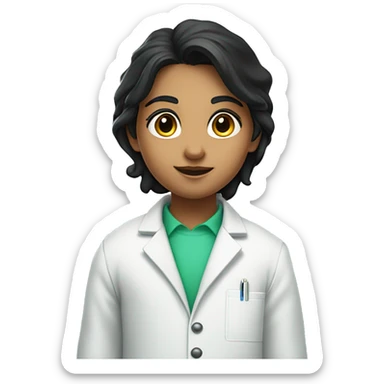 Indian fair skinned student with black hair wearing a lab coat with a test tube containing green bubbly liquid sticker