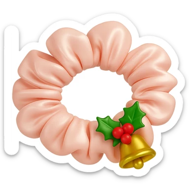 Add small holly leaves and berries next to the Christmas bell charm on the pastel pink silky scrunchie, keep the 3D emoji style and shimmer effect. Remove the background. The original style is 3D emoji style which does not support editing, so use a general style editor while respecting the 3D emoji look. sticker