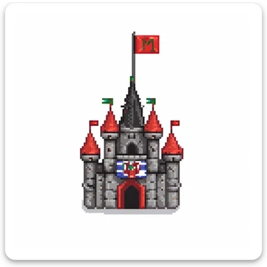 black and red castle with a flag that has the letter M drawn on it sticker