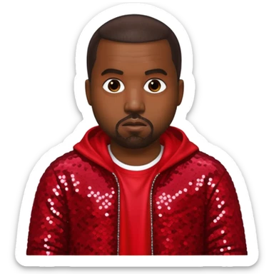 Kanye West with dark brown hair, red sequin outfit sticker