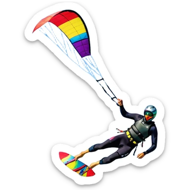 A vibrant kite soaring high in the sky, attached to a kiteboarder riding the waves below. The scene is filled with bright colors, capturing the energy of the sport. The background features the ocean, wind-blown waves, and a clear sky, showcasing the excitement and freedom of kiting. sticker