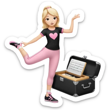 Hiphop dancer, with cute big pants, sneakers, and t-shirt. White girl blond. Coloufull shirt. No pocket pants. Dancing. Pink and black plain outfit. No sweatbands on the wrist, black music box behind her. Ballerina pose. The third on is amazing. With nothing on the shirt sticker