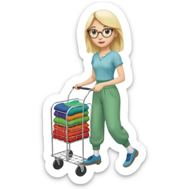 Fille blonde, pantalon d’Aladin vert. Lunettes ronde fine. Elle pousse un bac à roulette remplie de chaussettes  sticker