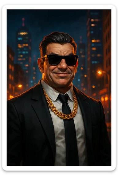 mafia boss, modern suit, sunglasses, gold chain, confident smirk, city night background sticker