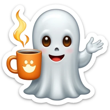 
a cute ghost holding a mug of hot coffee
 cartoon -style/cute and transparent for a sticker 
 sticker