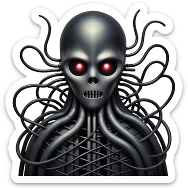 network of dark black wires and tubes forming a surreal creature, Giger and Silent Hill horror sticker
