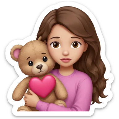 girl with long wavy brown hair, brown eyes, light to medium complexion, in a pink shirt, pink lips, long lashes, sad, hugging a teddy bear with a  heart sticker