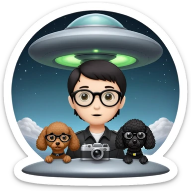A little boy with straight black medium-length hair, white skin, and black eyes wearing black-framed glasses is taking photos on a UFO with a camera. Beside him, there is an alien and a brown round-headed poodle. sticker