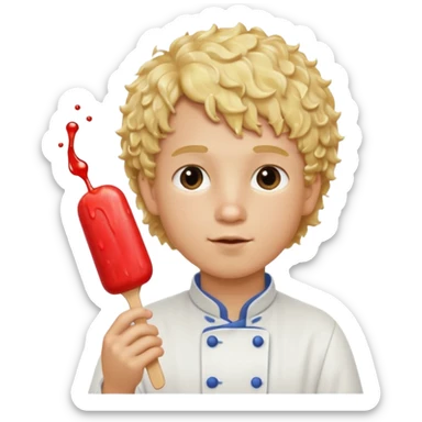 boy blonde curly hair, chef, eating ice pop sticker
